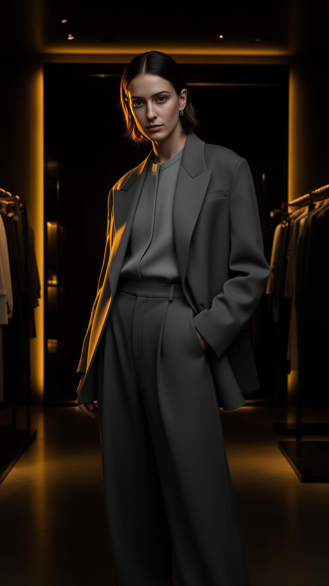 Editorial fashion in a dimly lit luxury boutique